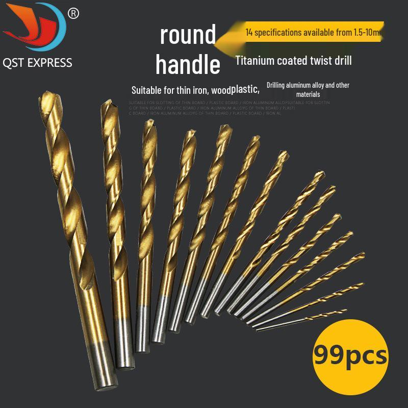 99-Piece Titanium-Plated High-Speed Steel Twist Drill Bit Set (1.5mm-10mm) with Straight Round Shank for Hand Drills