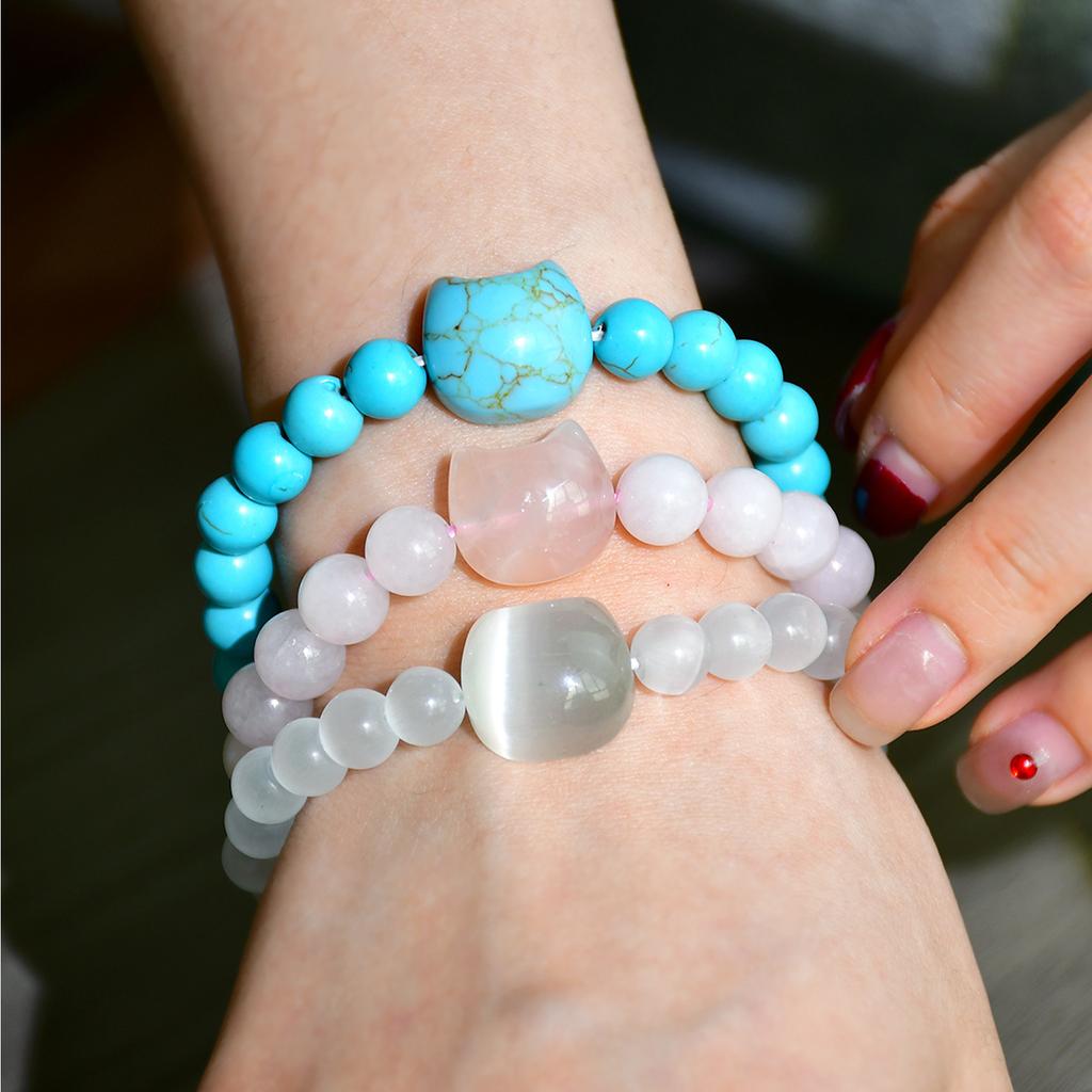 Bohemian Natural Stone Bead Bracelet Cats Head Charm Wristband Handmade Jewelry Gift for Birthdays and Anniversaries