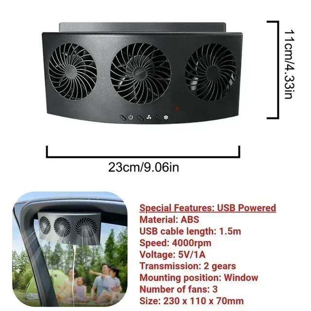 3 Head Car Exhaust Fan USB Rechargeable Solar High Wind Power Air Circulation Cooling Heat Dissipation Universal Fit All Cars
