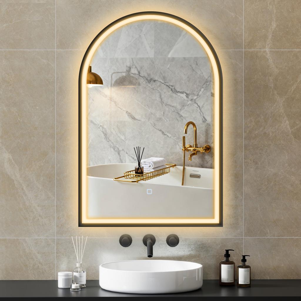 Bathroom Mirror with Lighting, 60 x 90 cm, Arched LED, Anti-Fog, 3 Light Colors, Dimmable, Black