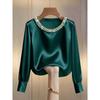 Spring and Autumn Pearl Round Neck Satin Women Shirt Loose Casual Long Sleeve Office Blouse Female Top O Neck Solid Color Simple Clothing