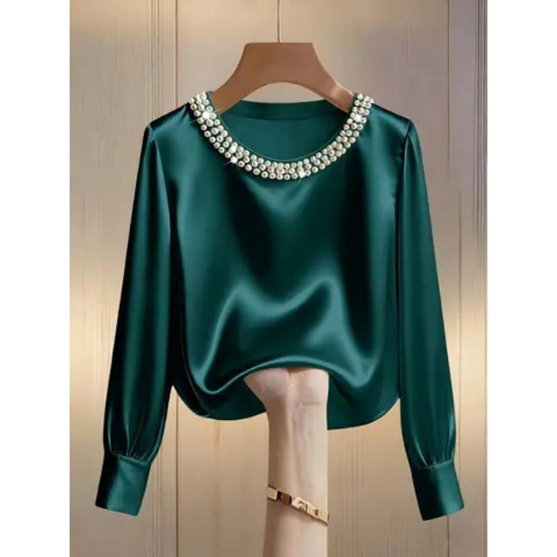 Spring and Autumn Pearl Round Neck Satin Women Shirt Loose Casual Long Sleeve Office Blouse Female Top O Neck Solid Color Simple Clothing