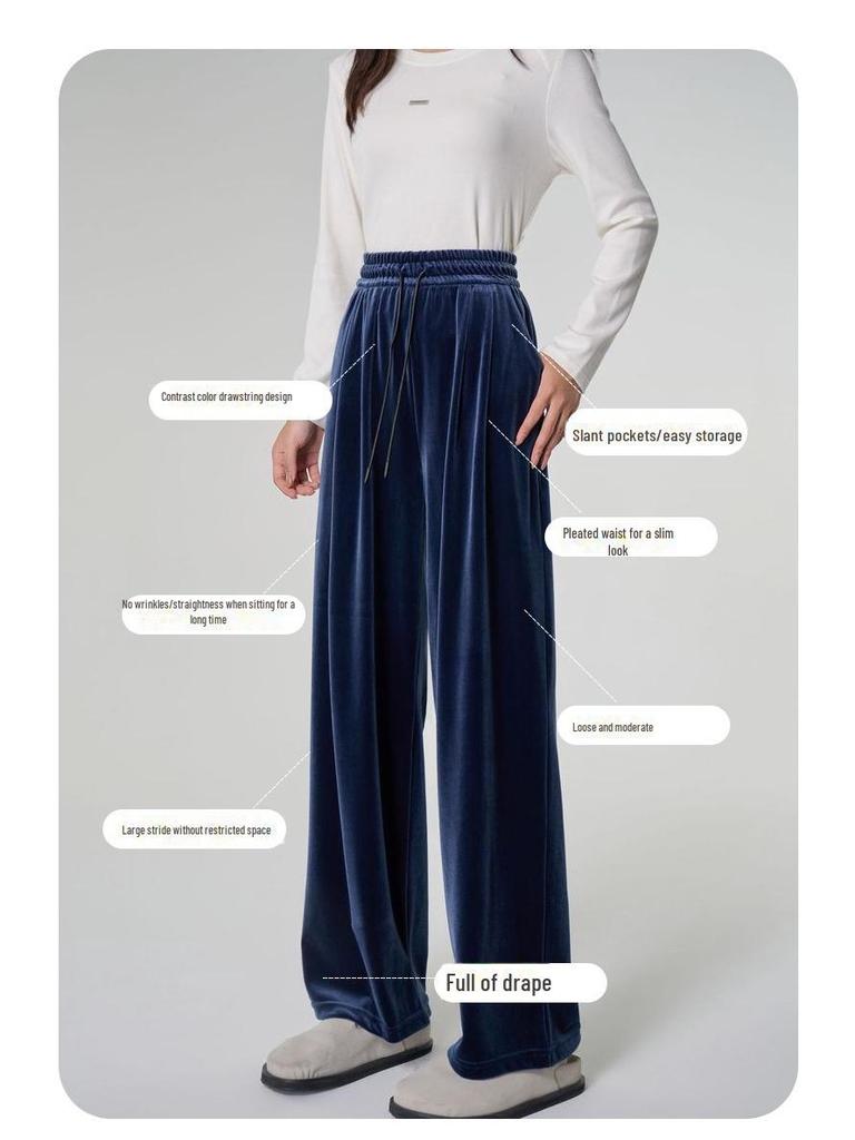 Spring Women's Retro Velvet Wide-Leg Pants - Loose, Casual, High-End, 400g