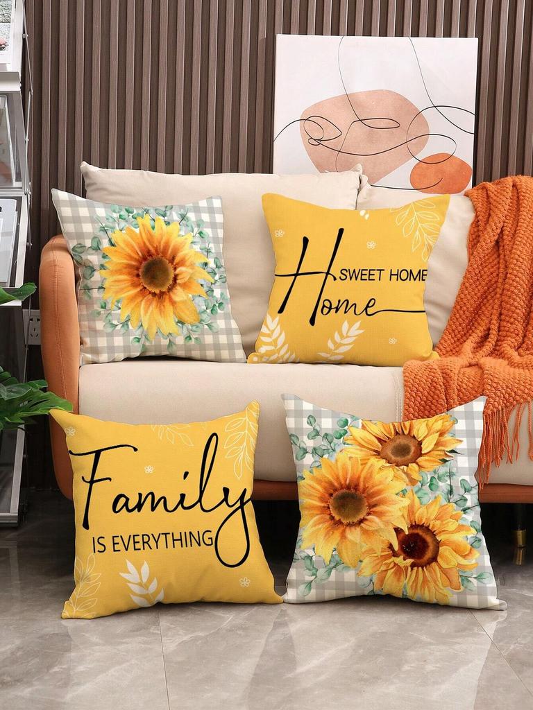 1Pc Spring Summer Themed Alphabet, Leaves, Sunflower Decorative Pillow Covers For Sofa, Couch, Home Decor Linen 18*18In