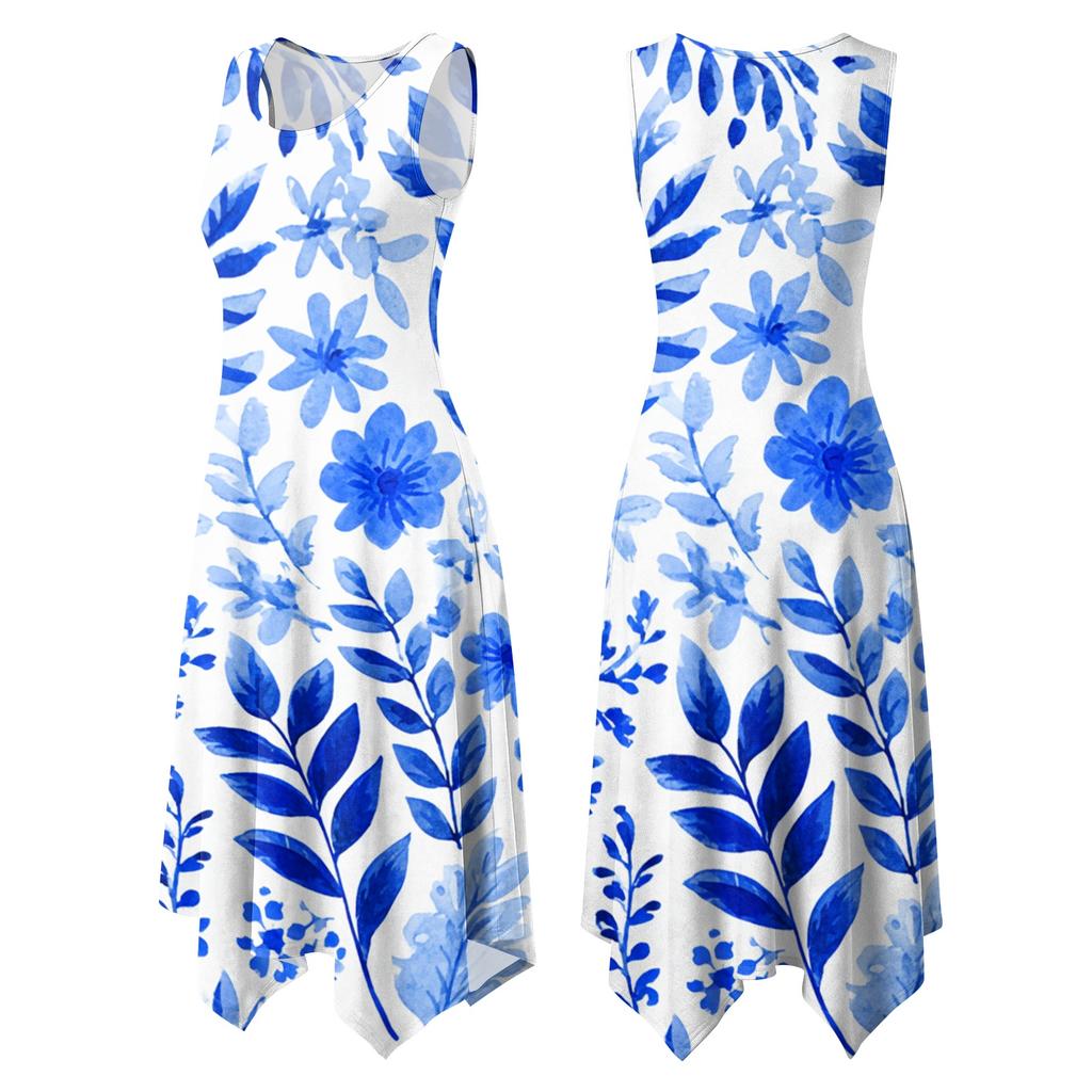 Women Sleeveless Casual Floral Print Dress Round Neck Irregular Hem Mid Length Summer Dress Lightweight Comfortable
