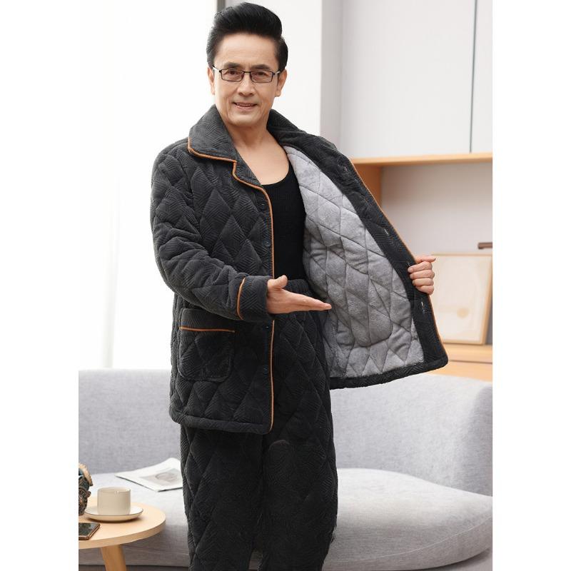 Winter Coral Fleece Men's Pajamas Three-layer Thick Quilted Middle-aged and Elderly Grandpa Flannel Home Service Padded Jacket Suit