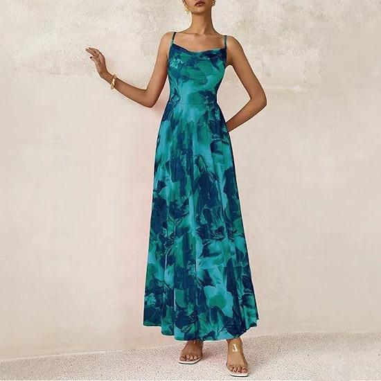 European and American new elegant thin shoulder strap dress printed party dress beach dress