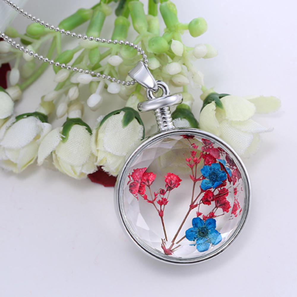 Novelty Glass Round Bottle Floating Dried Flower Silver Chain Necklace