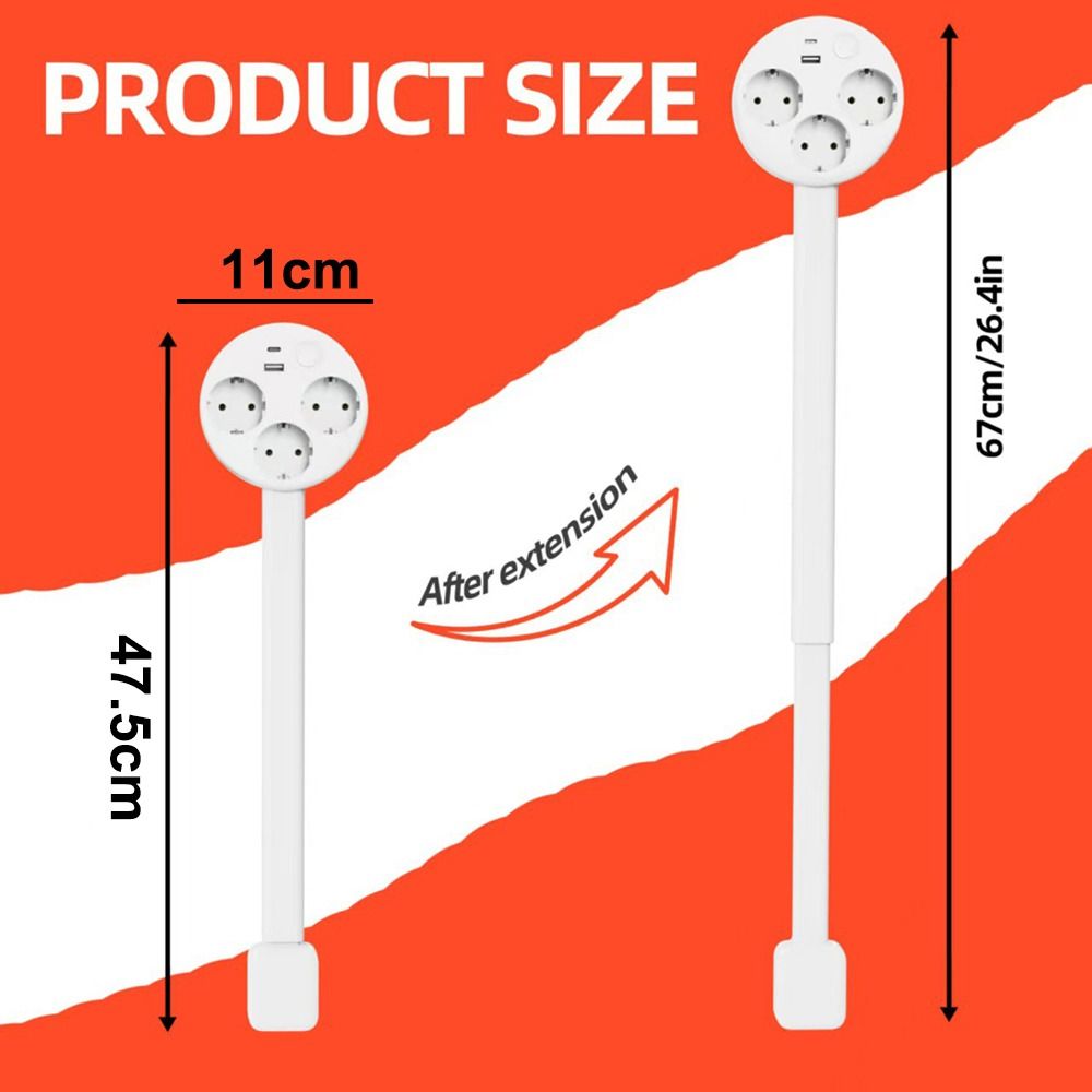 מאריך שקע חשמלי באורך מתכוונן עם תקע שטוח מסתובב 180° מפצל חשמל לשימוש מאחורי ספה