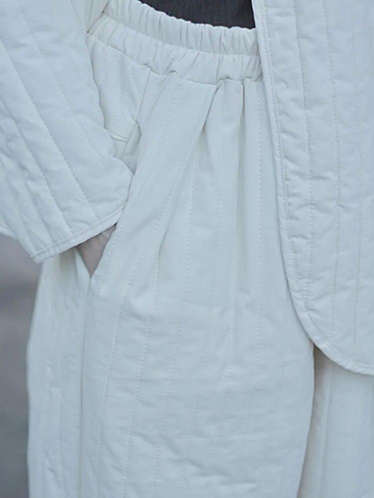 Johnature Dámské vintage teplé plus bavlna ležérní kalhoty jednobarevné elastické zimní kalhoty kapsy volné dámské kalhoty