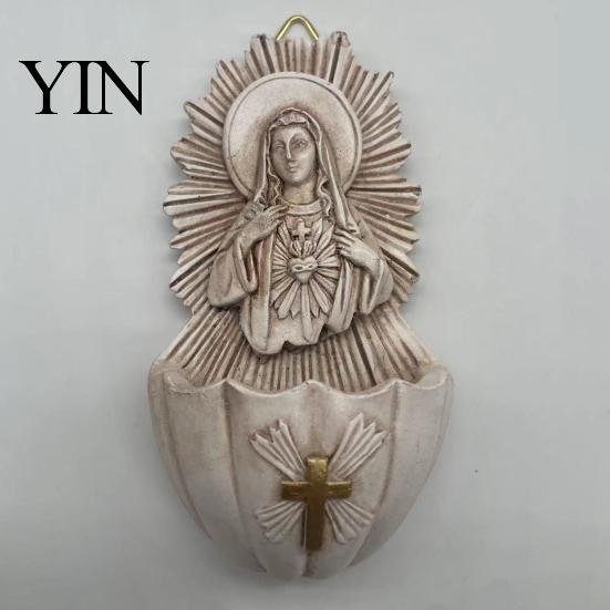 Distressed Finish Art Sacred Heart of Mary Holy Water Font, Vintage Resin Sculpture Basin Wall Hanging, Catholic Religious Decor Ornament for