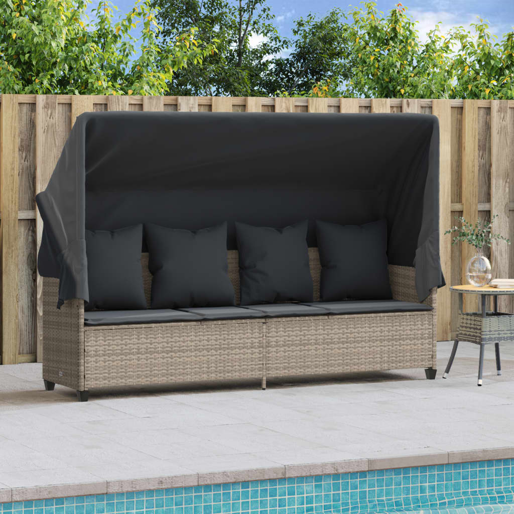 Vidaxl Sun Lounger with Canopy and Cushions, Light Gray, Poly Rattan