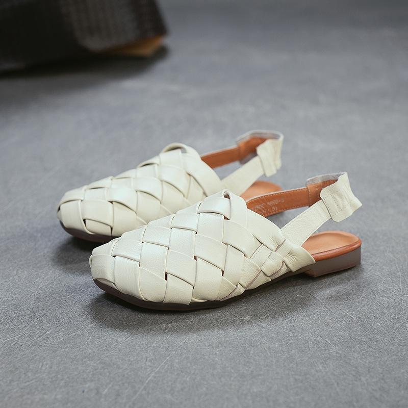 Johnature Ręcznie tkane sandały na płaskiej podeszwie z prawdziwej skóry, z okrągłym noskiem. Codzienne, wszechstronne buty damskie