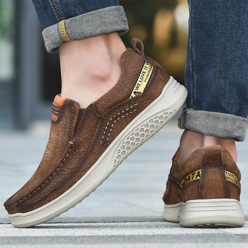 Luxury Brand Men Casual Leather Flat Designer Shoes Genuine Leather Hiking Sneakers Breathable Handmade Flats Walking Shoes Non-