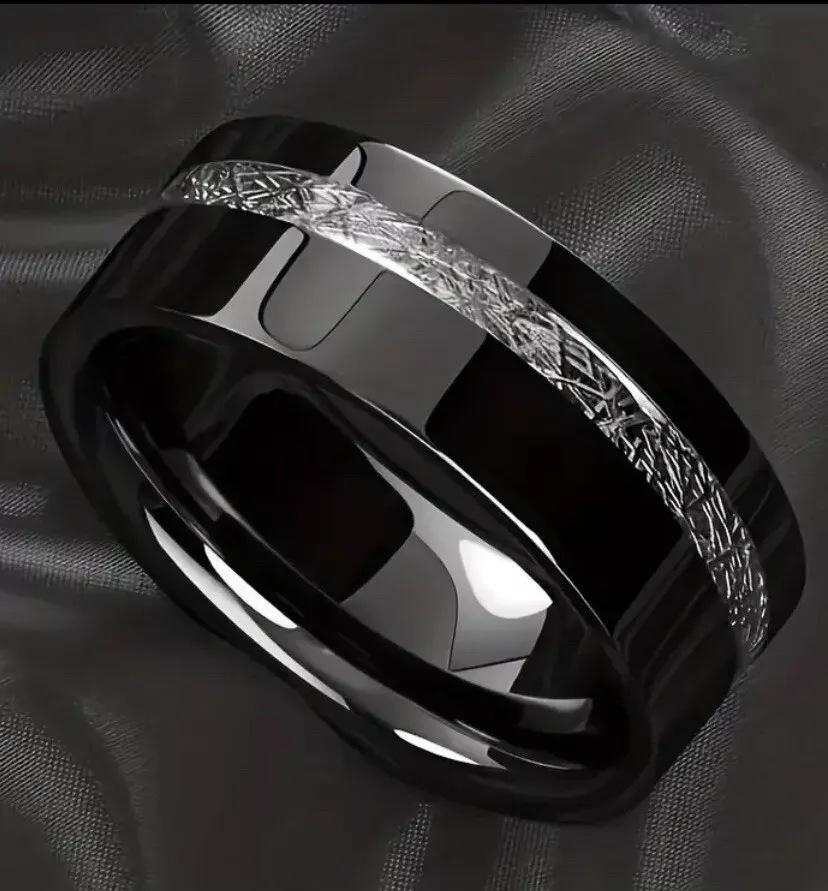 Men Black Silk Texture Ring Side Pattern Minimalist High End Fashion Band Jewelry No. 7