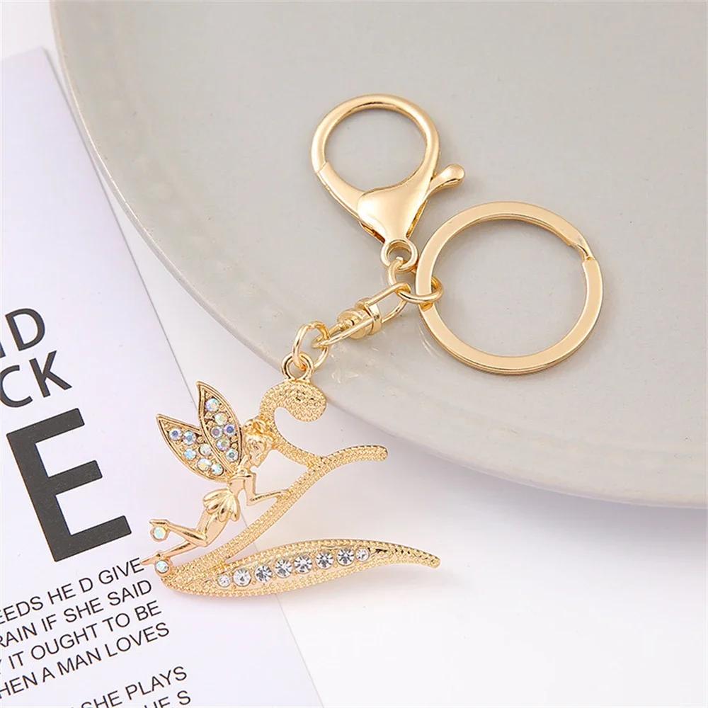 A-Z Rhinestone Elf Girl Letter Keychain Gold Color Initial Name Keyrings Girls Car Key Holder Handbag Purse Charms Decoration