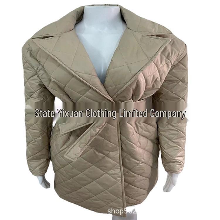 2022 European & American Diamond Pattern Mid-Length Belted Lapel Overcoat - Autumn/Winter Fashion Slimming Cotton Coat