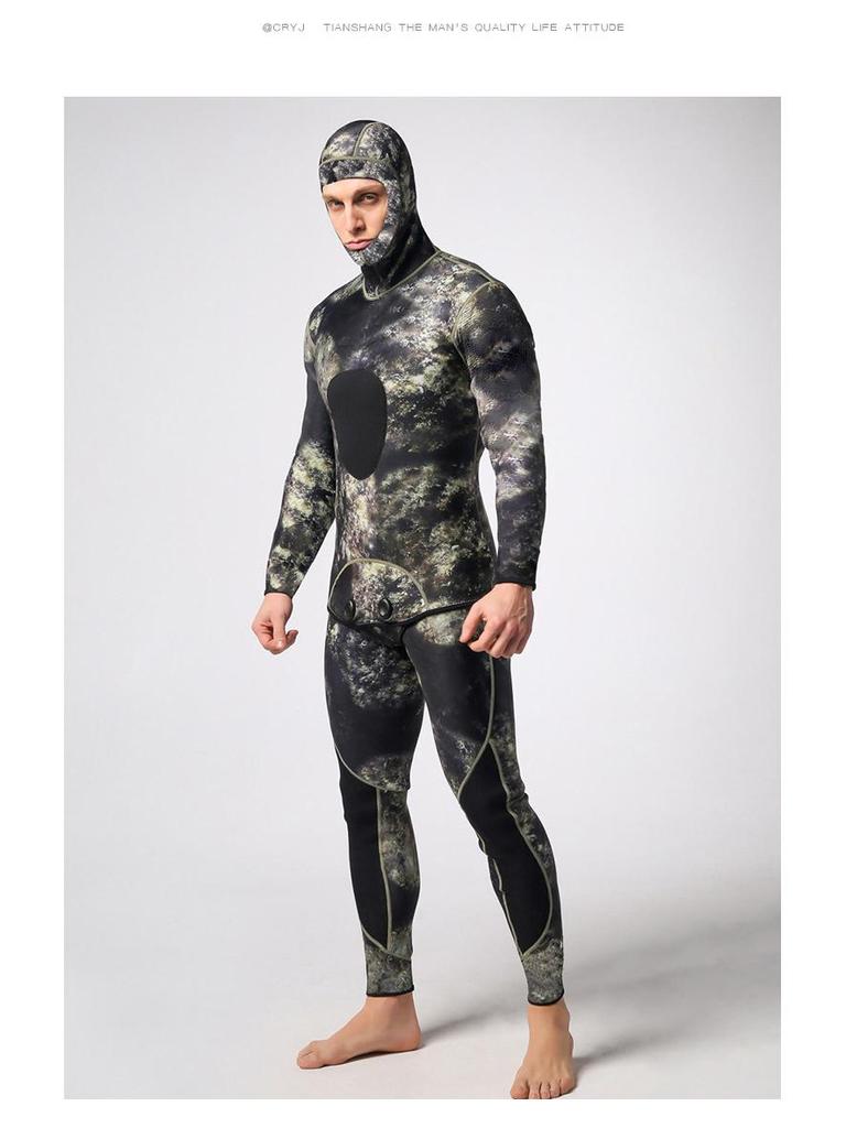 Kamuflážový 3mm potápěčský a spearfishingový neopren s kapucí - Chladuvzdorný a teplý jednodílný oblek pro freediving a lov
