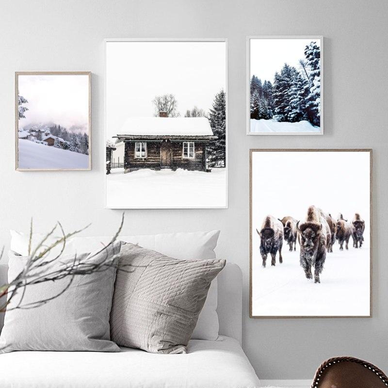 Scandinavian Poster Christmas Home Decor Wall Art Canvas Painting Winter Wooden House Picture Nordic Art Living Room Decoration
