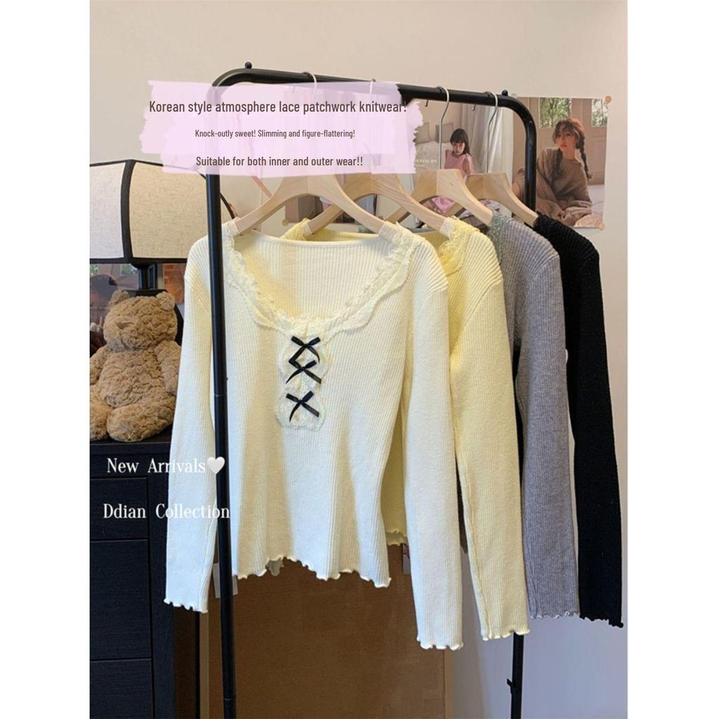 Korean Lace Patchwork Knitted Slim-fit Sweater for Women - 2025 Autumn/Winter Trendy Top