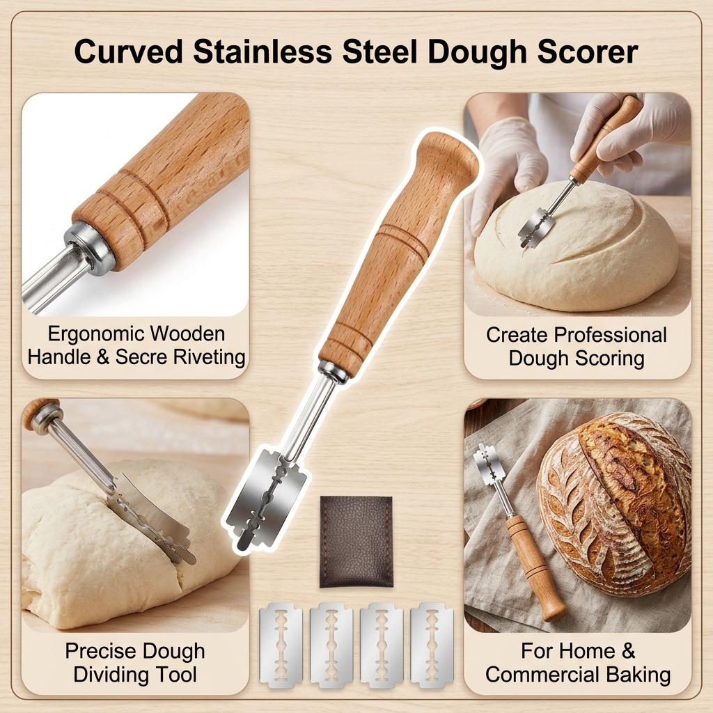 Stainless Steel Bread Scorer Wooden-Handle Curved Dough Cutter Tool For Baking