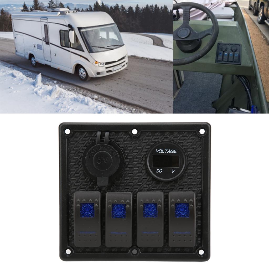 4 Gang Rocker Panel 5Pin with Voltmeter 4.8A Dual USB Fast Charging Slot for Car RV Yacht