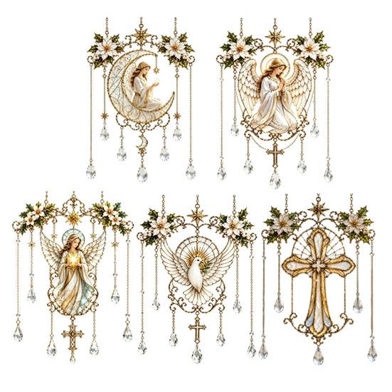 Elegant Indoor Hanging Decor Stained Glass Effect Blessing Suncatcher, Acrylic Angel Prayer Window Sun Catcher for Windows Ornament with Faux Crystal