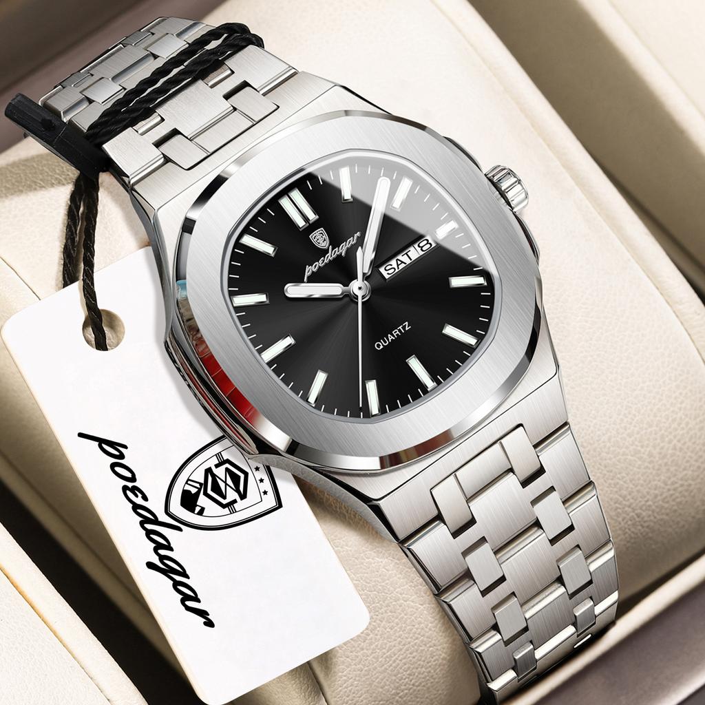 POEDAGAR Top Fashion Square Watch For Woman Luminous Waterproof Date Week Ladies Watch Stainless Steel Women's Quartz Wristwatch