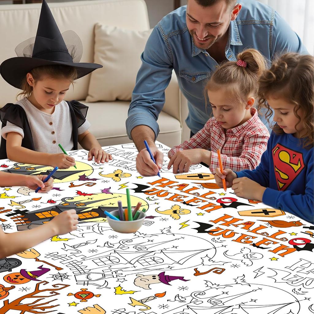 Labeol 1 Pack Halloween Tablecloth, 108"x 54" Halloween Coloring Tablecloth for Kids, Pumpkin Ghost Bat Castle Coloring Table Cover for Winter Party