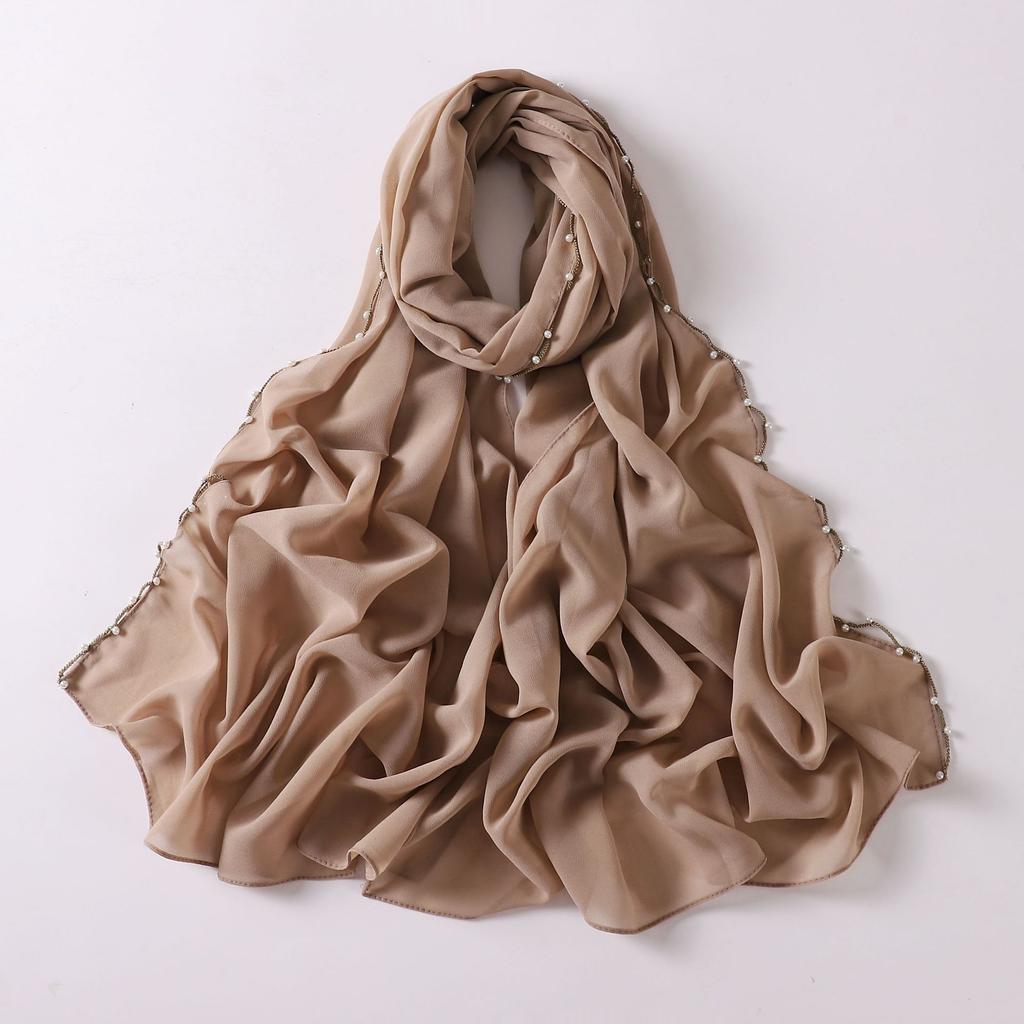 Pearl Edge Chiffon Hijab Scarf Women Muslim Long Shawl Soft Plain Head Wrap Beaded Border Lightweight Islamic Turban
