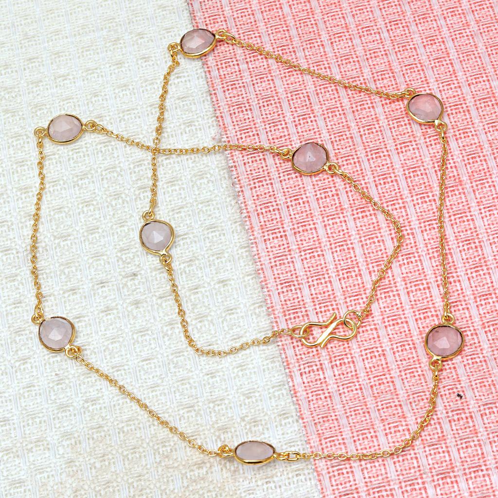 Necklace Pink Rose Quartz Feceted Gemstone Handmade Silver Jewelry 24''