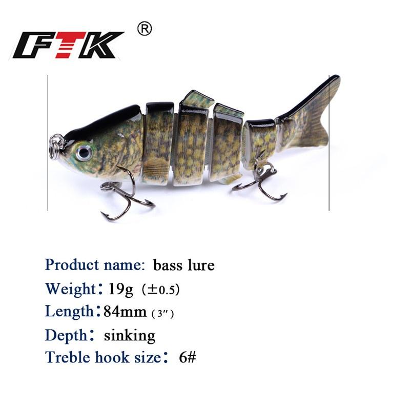 FTK 1PCS 6 Sections Hard Sinking Fishing Bass Lure Weight 20g Length 84mm