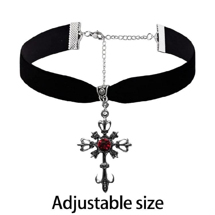 Contemporary Crucifix and Red Gemstones Pendant Necklace Velvets Chain Neckchain Adjustable Choker for Music Festival