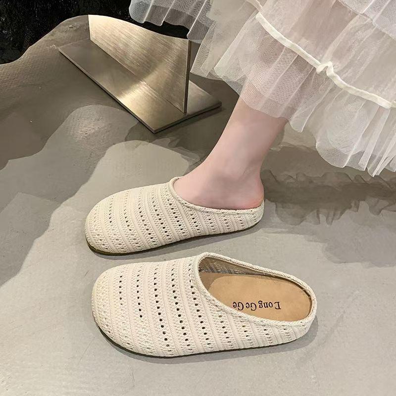 Spring New Hollow Woven Bag Head Half Slippers Women's Wear Versatile Casual Flat Women's Shoes Drag