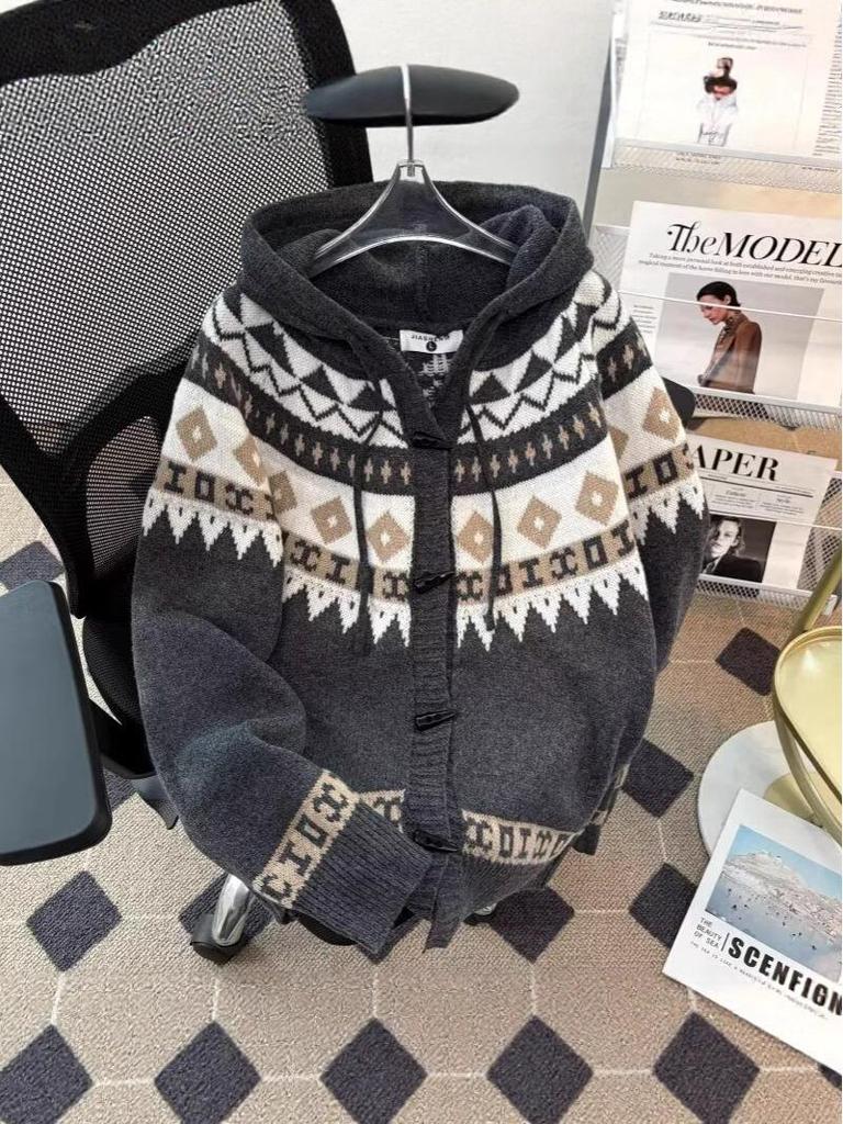 Unisex Fair Isle Horn Button Hooded Knit Cardigan Coat - Autumn/Winter Korean Style