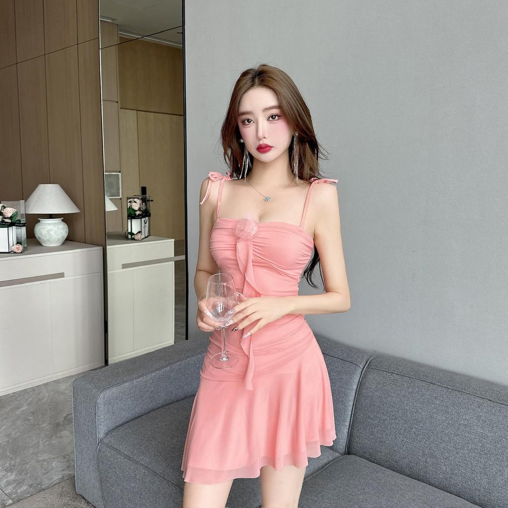 Sexy celebrity low-cut pleated flower splicing sleeveless suspender skirt sexy temperament backless ruffle edge slim skirt