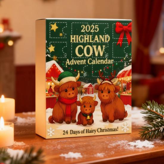 Highlandská kráva Adventní kalendář 2025 24denní krabička pro odpočítávání Vánoc s ozdobami Multifunkční dekorace na stromeček a sváteční zábava pro děti