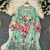Spring Autumn Women Vintage Print Hot Drilling Chiffon V-neck Long Maxi Holiday Beach Dresses