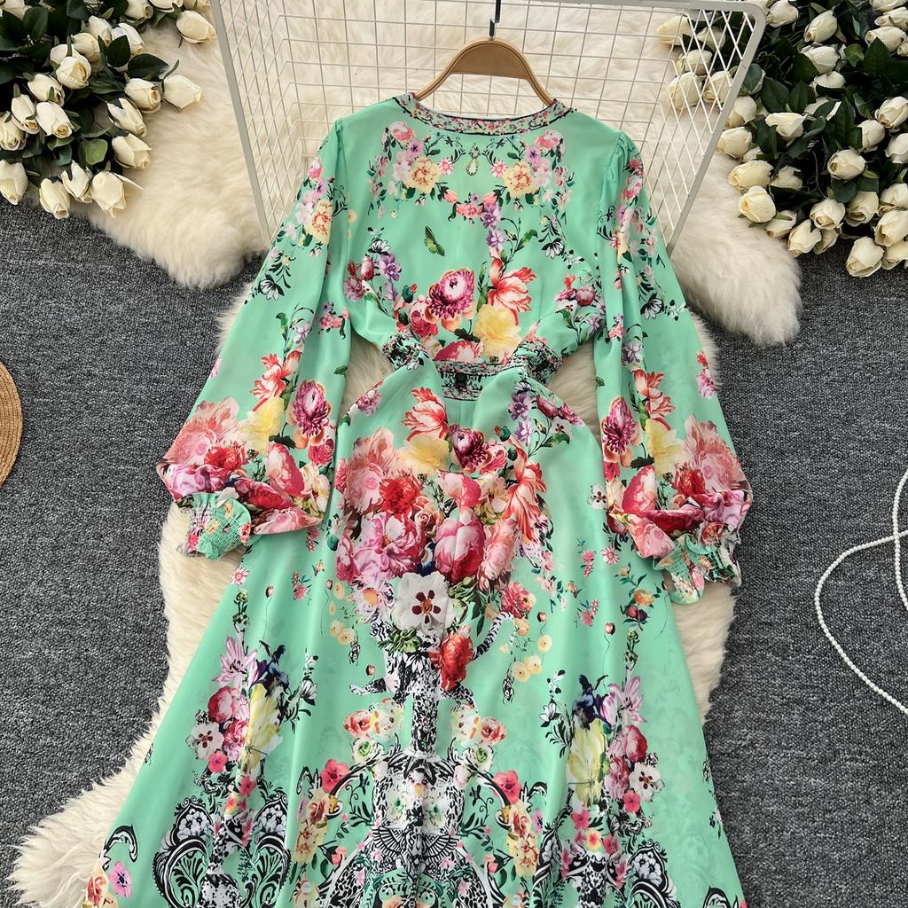 Spring Autumn Women Vintage Print Hot Drilling Chiffon V-neck Long Maxi Holiday Beach Dresses