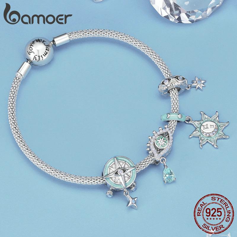 BAMOER 925 Sterling Silver Wing Heart Series Guard of Love Moonstone Charms for Women Original Bracelet Fine Jewelry