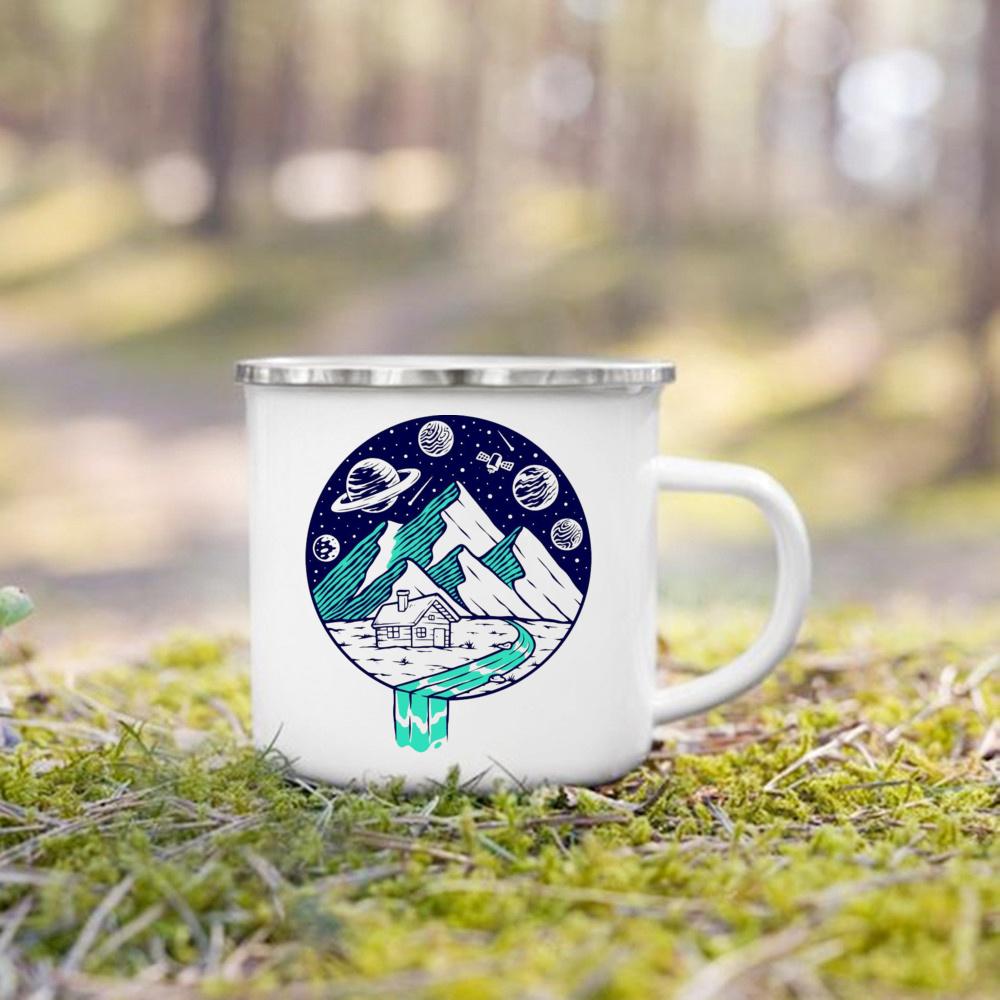 Hrnek s potiskem Měsíc Slunce Hory Dobrodružství Táborák Párty Pivo Kávový šálek Kempingový smaltovaný hrnek Horská rukojeť Šálky Dárky pro kempaře