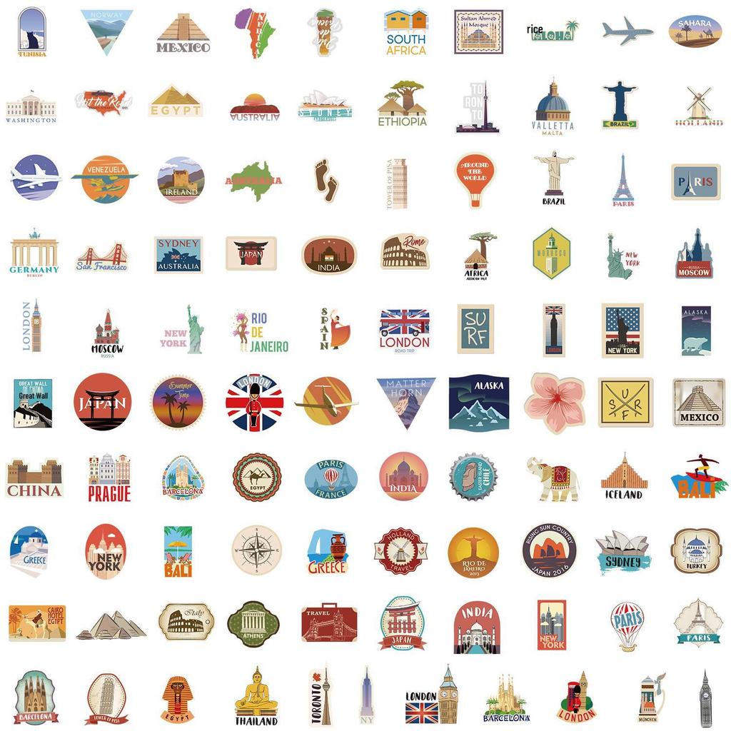 100 Waterproof Travel Doodle Stickers for Car, Phone, Computer, Photo Album, Guitar, and Notebook Diaries