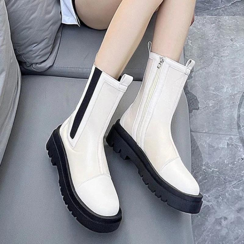 Fashion Winter 2024 Mid Calf Shoes Woman Trend Platform Goth Comfortable and Elegant Half High Boots for Women Demi-season Work Footwear
