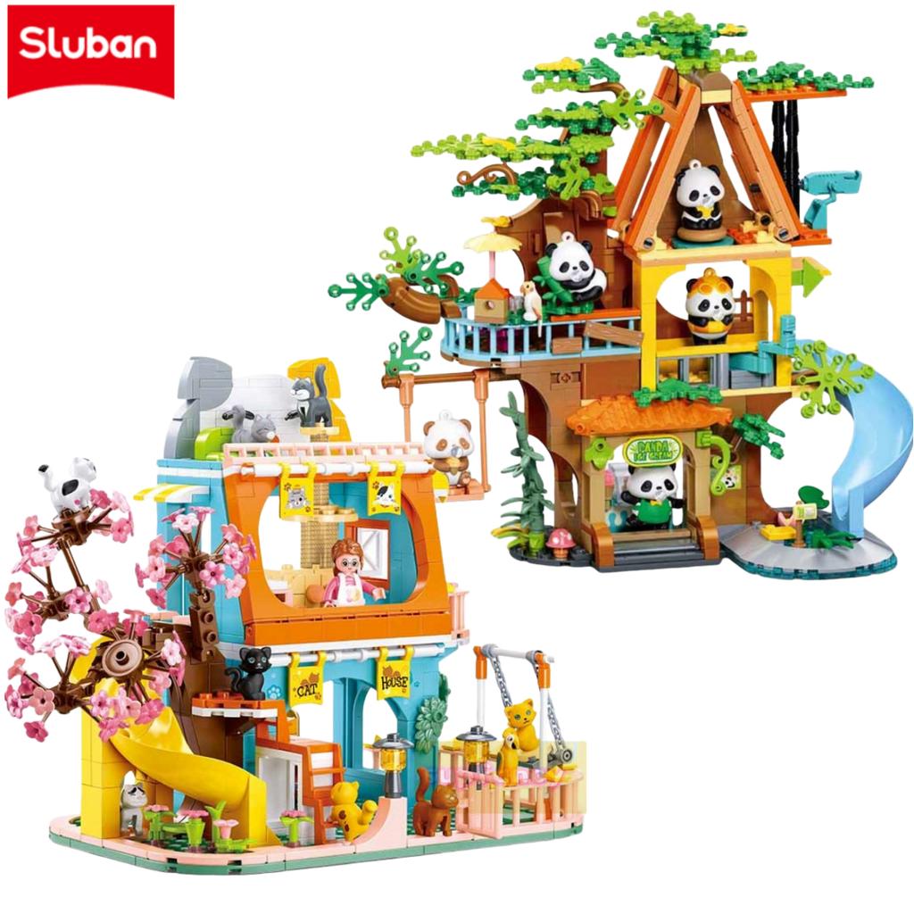 Sluban Girls Construction Blocks Kit, Cute Cat House Villa & Panda Tree House Diy Blocks Set Educational Creative Toy Sets For Kids