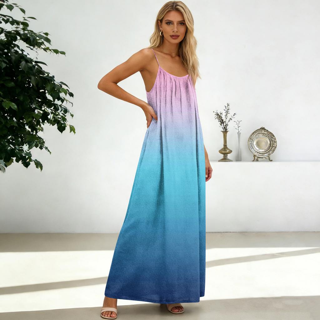 Women's Fashion Backless Spaghetti Strap Casual Loose Gradient Print Dress
