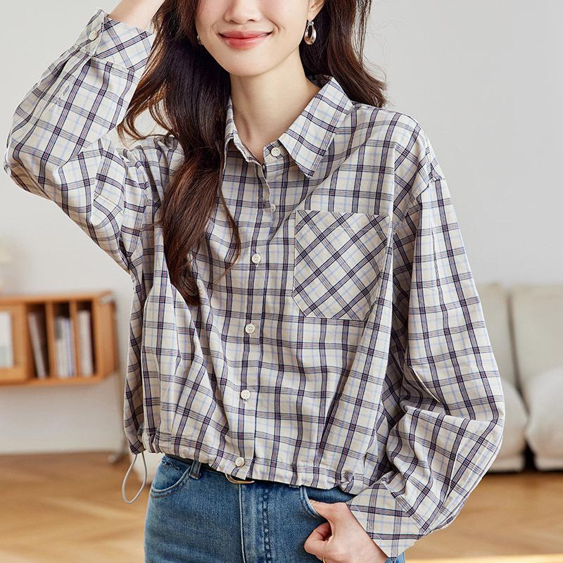 Plaid Shirt for Women's Spring and Autumn Clothes New Short Small Style Literary Retro Plaid Shirt