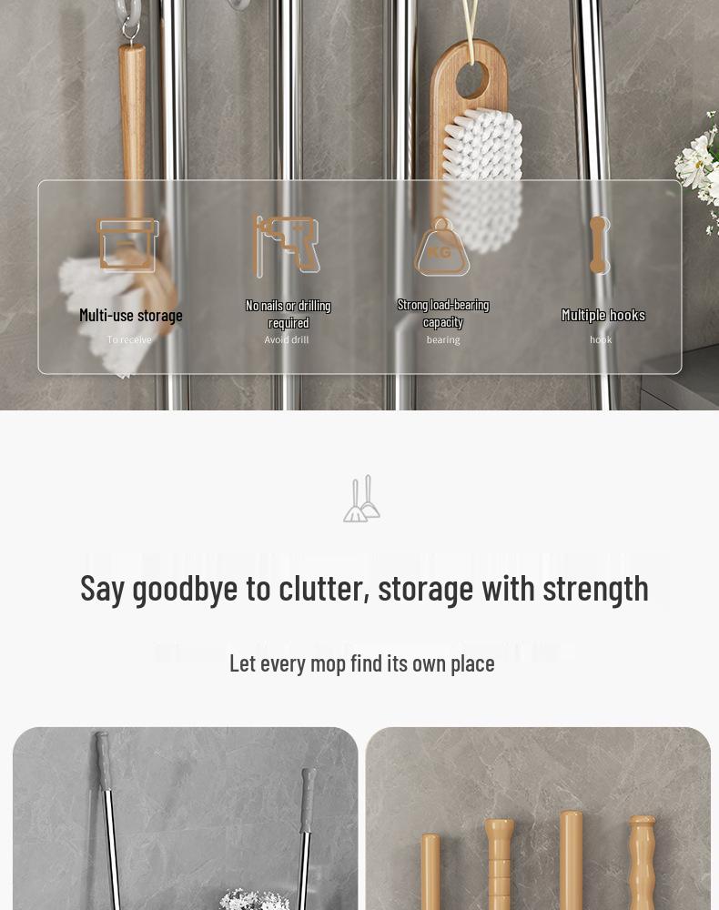 Dweil- en Bezemhouder: Klem voor Wandmontage zonder Boren - Multifunctioneel Opbergrek voor Badkamer & Keuken