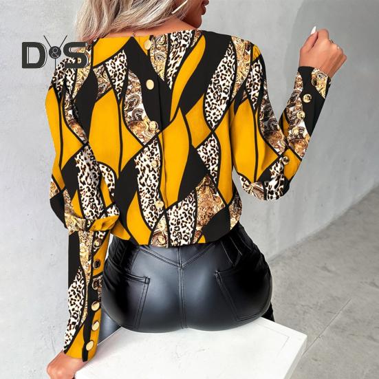 Women Spring Shirt Color Matching Print O Neck Long Sleeve Button Decor Soft Breathable Elegant OL Commute Blouse
