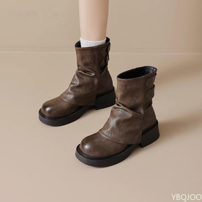 Retro Women's Pleated Thick Soled Short Boots Simple Comfortable Versatile for Daily Casual Wear Women's Single Boots