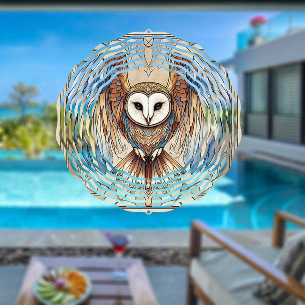 Owl-Design Metal Windmill Garden Decor – Dual-Direction Spinning Wind Chime, White Face & Owl Art, Outdoor Hanging Ornament – Easy